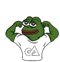 a cartoon frog is flexing his muscles and wearing a white shirt with a ca logo on it .