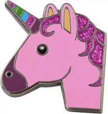 a pink unicorn pin with a purple mane and tail