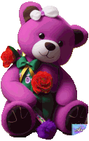 a purple teddy bear holding a red rose