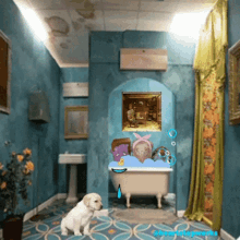 a dog sits next to a bathtub in a bathroom with a painting on the wall