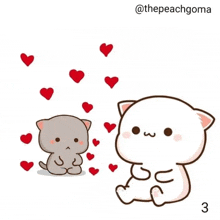 a cartoon cat is sitting next to a smaller cat with hearts flying around them .