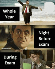 a picture of mr bean on the beach and a picture of a man with pins in his eyes during exam