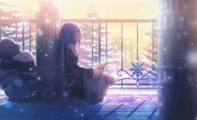 a girl with long white hair sits on a balcony with a boy