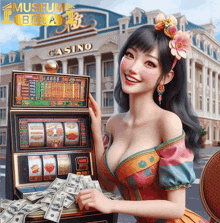 a woman is playing a slot machine in front of a casino