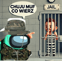 a cartoon of a man in a jail cell with a sign that says jail