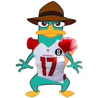 perry the platypus is wearing a cardinals jersey and a hat