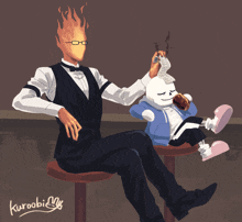 a drawing of a man in a tuxedo sitting next to a skeleton holding a piece of paper