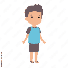 a boy in a blue shirt and shorts is standing on a white background