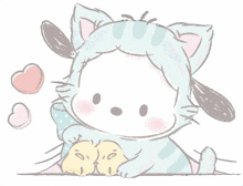 a cartoon drawing of a cat holding a chicken