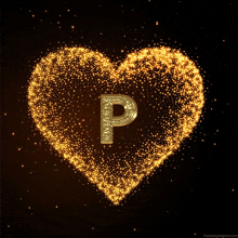 the letter p is surrounded by a heart made of gold particles