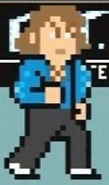 a pixel art of a man in a blue jacket and black pants is walking .