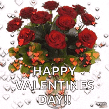 a bouquet of red roses in a vase with the words `` happy valentines day '' written on it .