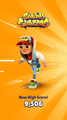 a screenshot of a game called subway surfers shows a new high score of 9,506