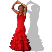 a woman in a red ruffled dress is dancing