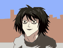 a drawing of l from death note with a city skyline behind him