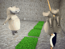 two hippos and a penguin are standing in a stone room