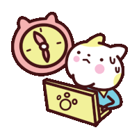 a cartoon cat sitting at a desk with a clock behind it