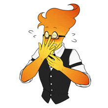 a cartoon drawing of a man with glasses covering his face with his hands