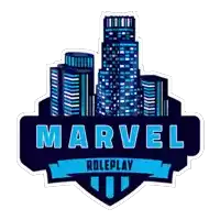 a logo for marvel roleplay with a cityscape in the background