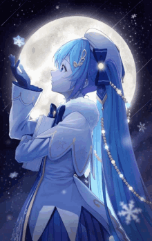 a girl with blue hair is standing in front of the moon