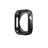 a black apple watch case with a hole in the middle on a white background .