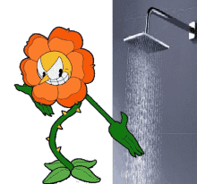 a cartoon flower is standing next to a shower head with water coming out of it