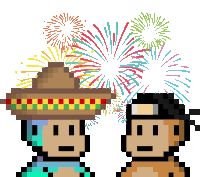 a pixel art of a man wearing a sombrero watching fireworks