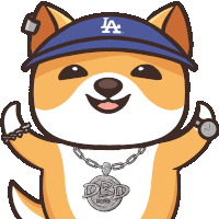 a cartoon dog wearing a la hat and a dbd necklace