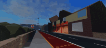 a computer generated image of a city street with a bus stop in the foreground