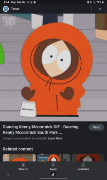 a phone screen shows a cartoon character named kenny mccormick