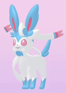 a white pokemon with blue and pink ears is standing on a pink surface