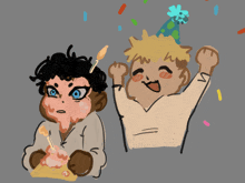 a drawing of a boy wearing a party hat and a boy with a cake on their face