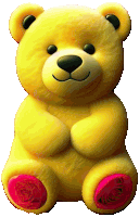 a yellow teddy bear with red feet is sitting down