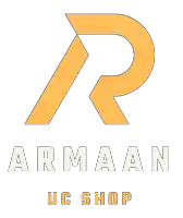 a logo for armaan uc shop with a yellow letter r on a white background