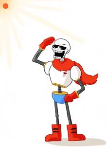 a skeleton wearing sunglasses and a cape stands in front of the sun