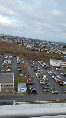 a lot of cars are parked in a parking lot in front of a city