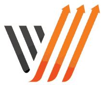 an orange and black logo with the letter w and three arrows