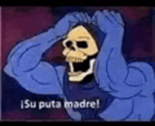 a cartoon of a skeleton with muscles is holding his head .