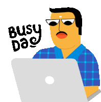 an illustration of a man using a laptop with the words " busy day " written on his face