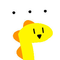 a cartoon drawing of a yellow and orange animal with two black dots on its face