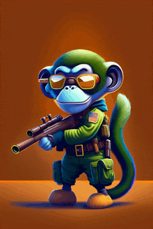 a monkey wearing sunglasses and holding a gun with an american flag patch