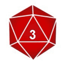 a red d20 with the number three on it .