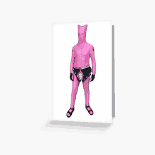 a greeting card featuring a picture of a man in a pink costume