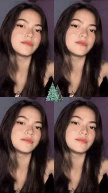 a collage of four pictures of a girl with a christmas tree in the corner