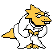 a pixel art drawing of a yellow cartoon character wearing glasses and a white robe .