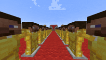 a long row of minecraft characters are standing on a red carpet