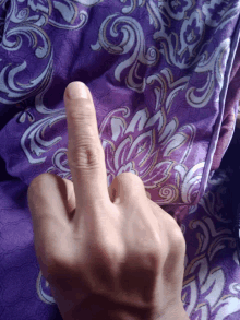 a hand is giving the middle finger in front of a purple and white blanket