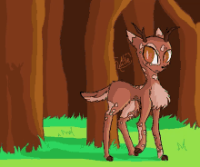 a drawing of a deer with orange eyes standing in the grass in the woods