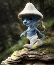 a smurf with a mushroom hat is walking on a rock