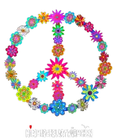 a peace sign made of colorful flowers with a heart in the middle